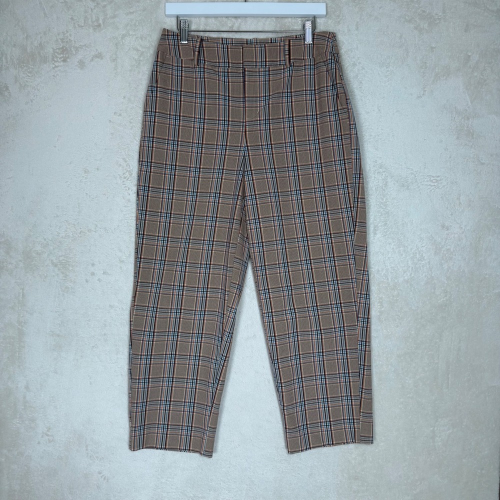 A New Day Women Tan Blue Plaid Tapered Ankle Pants Size 8 Stretch Preppy
